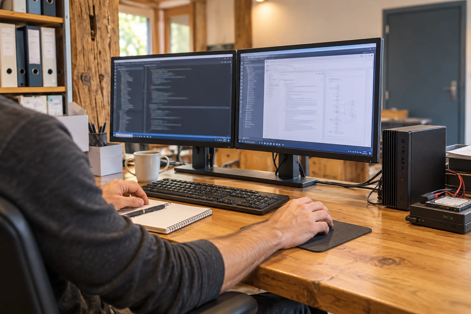 Illustration du développement logiciel sur deux écrans dans un bureau en bois, avec matériel de diagnostic.