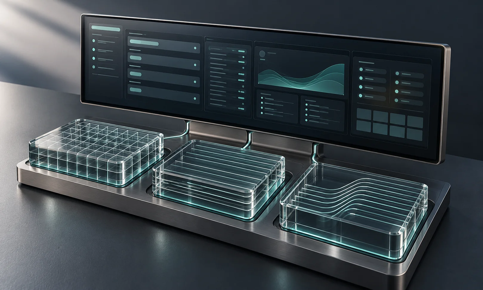 An organised software interface connects to three intact glass modules assembled on a shared base.