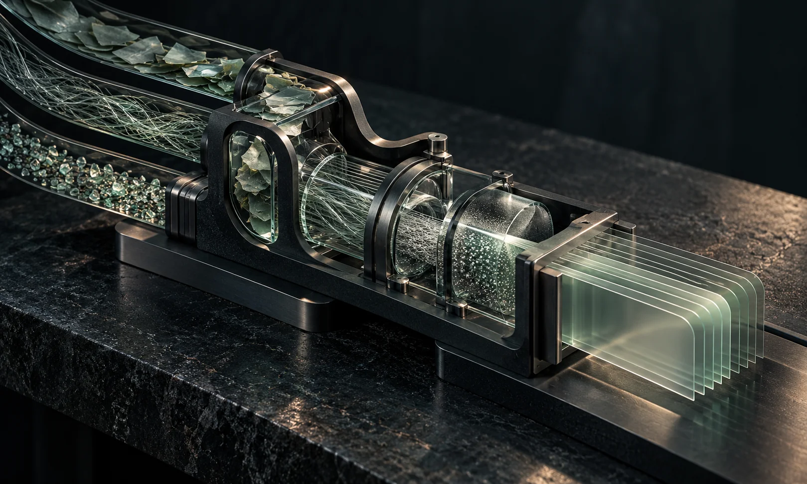 Three streams of fragments, strands and layers are guided through a glass structure into a regular, organised output.