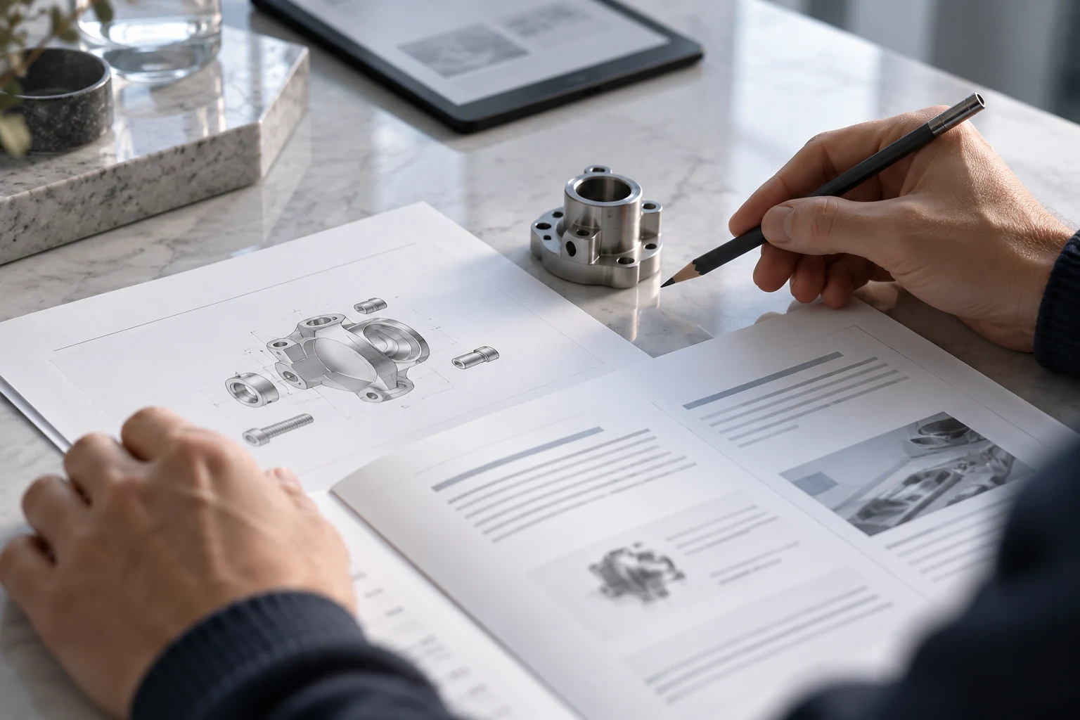 Illustration : des épreuves de documentation technique sont relues à côté du composant décrit.