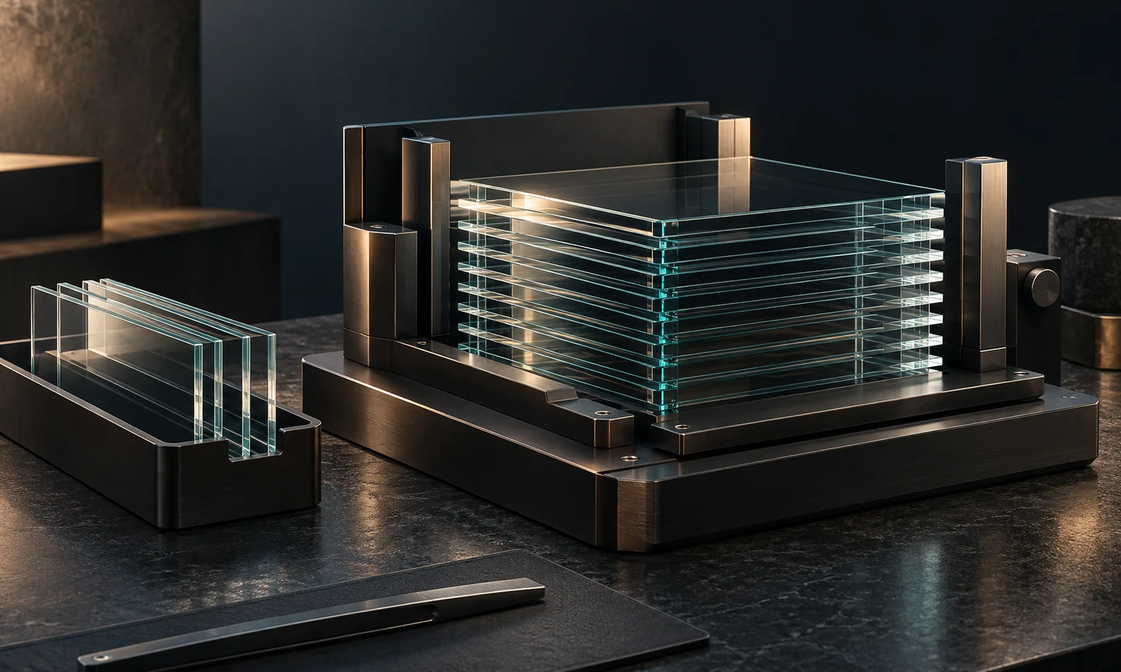 Illustration of intact glass plates arranged in an inspection cradle.