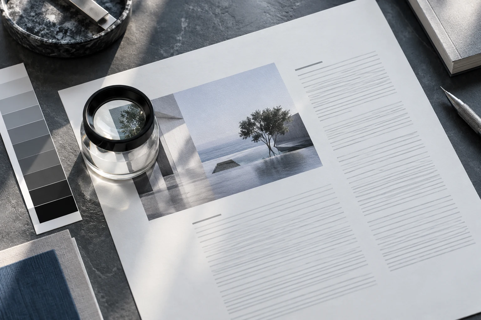 Illustration : contrôle d’une épreuve imprimée réunissant texte et photographie.