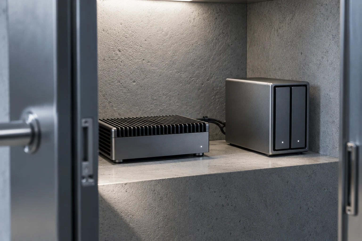 Illustration : un micro-serveur et une unité de stockage dans un espace technique local.