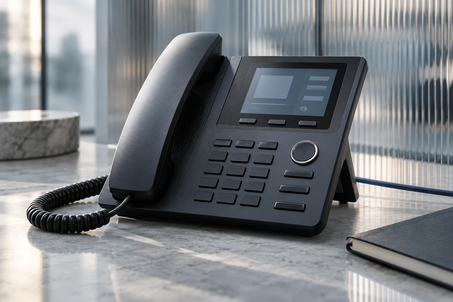 Illustration : un téléphone IP dans un espace de travail professionnel.