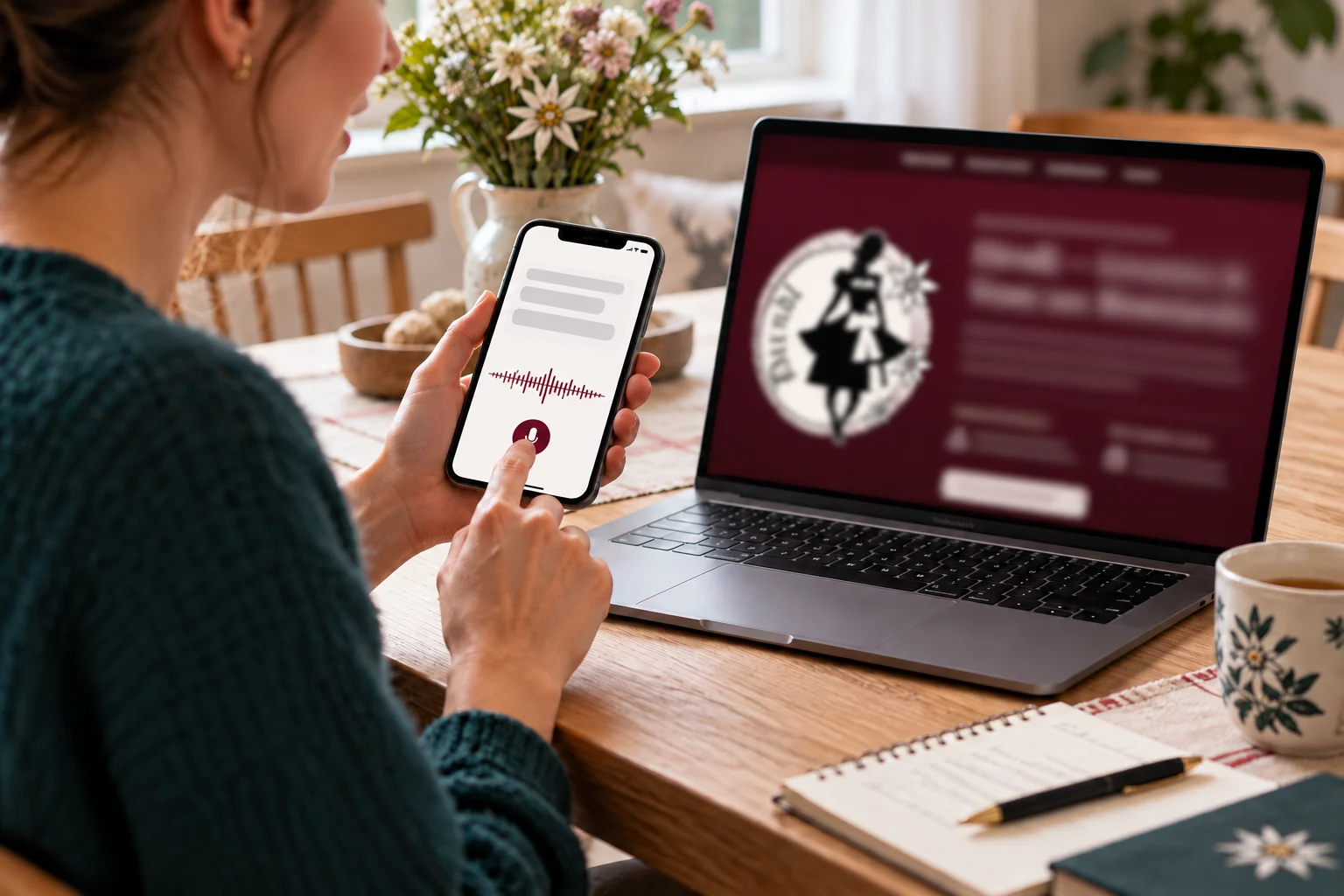 Illustrative Szene: Eine Frau aktiviert die Diktierfunktion ihres Smartphones am Esstisch; auf dem Laptop ist eine Website zu sehen.