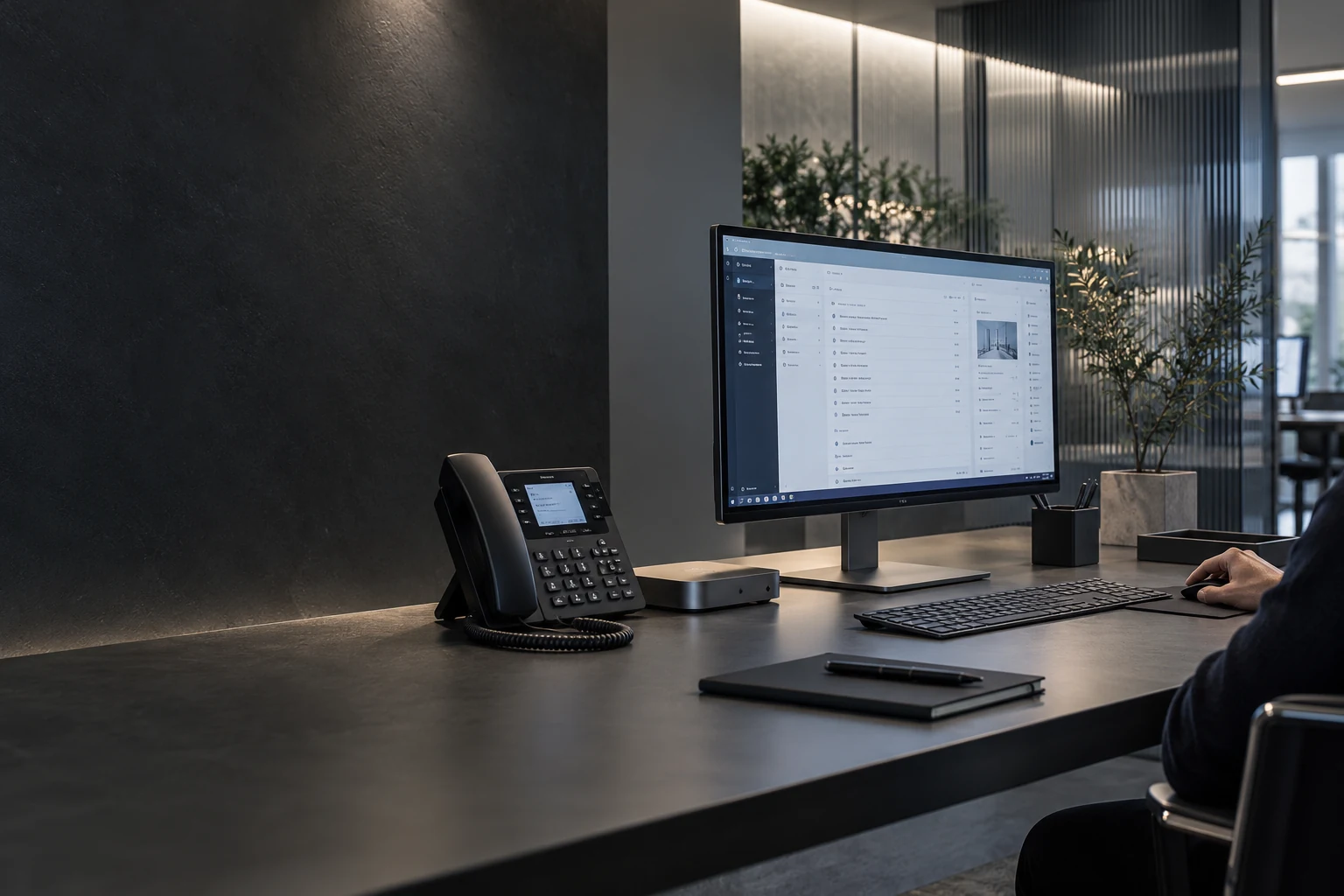 Illustration eines Arbeitsplatzes mit IP-Telefon, Bildschirm und kompaktem Computer.